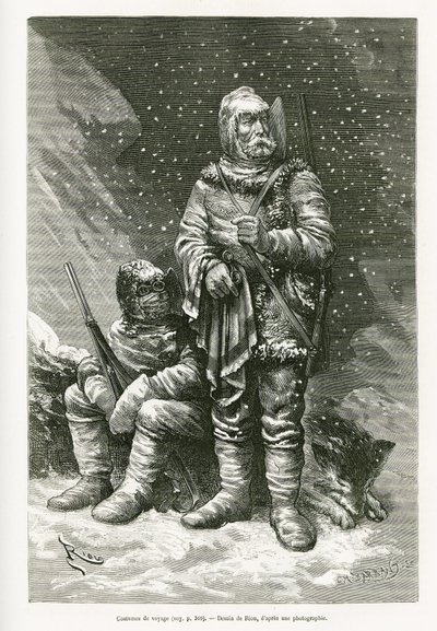 O fato de viagem do Tenente Payer e do Tenente Weyprecht, várias espessuras de roupa para combater as tempestades de neve, um casaco de couro retráctil para proteger o rosto da geada, botas e luvas feitas de véu e flanela e óculos pesados. Gravação af de Edouard Riou