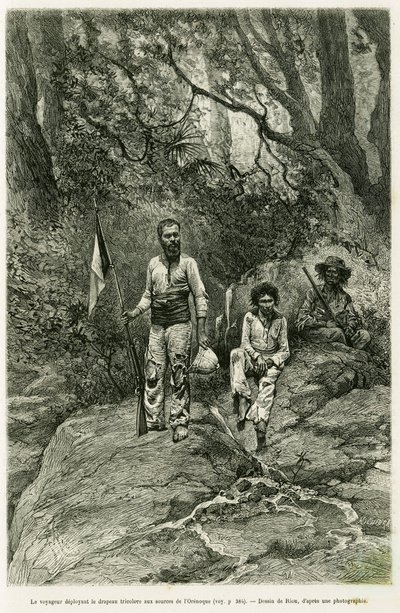 O viajante a hastear a bandeira tricolor para as fontes do Orenoque. Gravura de Riou, para ilustrar a história Voyage aux sources de l