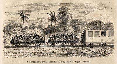 O vagão dos pobres dos trens paraguaios, plataformas simples presas à cauda dos trens em que os passageiros se amontoam após a partida da estação da Assunção, gravado após o desenho de E.Riou, ilustrando a viagem a P de Edouard Riou