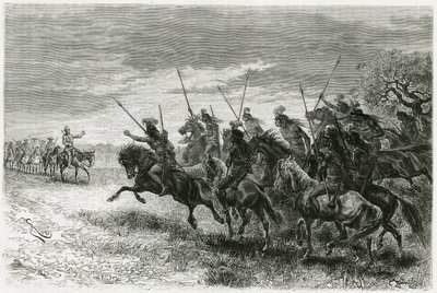 Índios Tobas (da região do Chaco, entre Paraguai e Bolívia) recusam-se a passar para a coluna da expedição de Thouar. Gravado por Riou, para ilustrar a história "Em busca dos restos da missão Crevaux", em 1884, de A. Thouar (1853- desaprovar de Edouard Riou