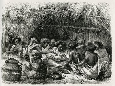 Sanita do café, a mulher tem o ventilador que ativa o fogo que aquece os grãos de café, uma vez riscados na gordura, o café é derramado com óleo em um prato grande e circula entre os convidados somalis, cada um ungido com uma gota de óleo sobre as orelhas, de Edouard Riou