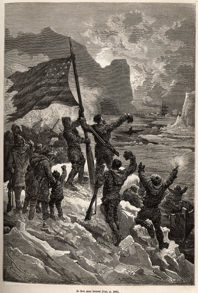 A tripulação de Tyson, após vários dias à deriva num iceberg, finalmente viu um baleeiro e agitou a bandeira americana para ser vista e salva, gravada após um desenho de E.Riou, ilustrando a história da Polaris, jangada de gelo, pelo Tenente Tyson, em 1870 de Edouard Riou