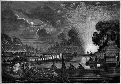 Festa Veniciana em Neuilly dada em benefício dos pobres em 1858. Gravação de Riou no "Le Monde Illustré" n°77 de 2 de outubro de 1858. de Edouard Riou