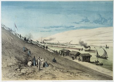 Vista do canal em "Inauguração do Canal de Suez por G. Nicole". 1869 de Edouard Riou