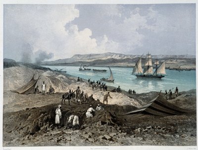 Vista do canal em "Inauguração do Canal de Suez por G. Nicole". 1869 de Edouard Riou