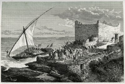 Com o esterco dos viajantes que entram no porto de Moguedouchou (Mogadíscio), os marinheiros fazem um barulho enorme para atrair as pessoas que os recebem com gritos de entusiasmo. Gravado por Riou, para ilustrar a história "Voyage chez les Benadir, les so de Edouard Riou