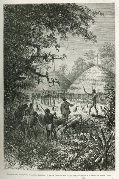 Yacouman, chefe Roucouyenne, tribo da Guiana nas margens do Oyapock, perseguindo o diabo, caminha pela aldeia após o nascimento de uma criança, aspergindo um líquido branco leitoso com um pincel de penas, gravando depois de um desenho de Riou, para ilustra de Edouard Riou