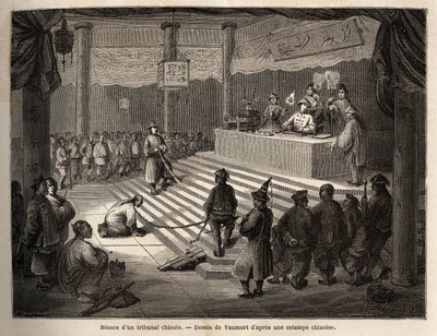 Um tribunal chinês, o acusado aparece no tribunal rodeado por um gendarme que o mantém acorrentado e seu açougueiro, desenhado por Vaumort (? -1886), para ilustrar a viagem de Xangai a Moscou, de 1859 a 1862, de M. de Bourboulon, ministro francês a Ch de Edouard Vaumort