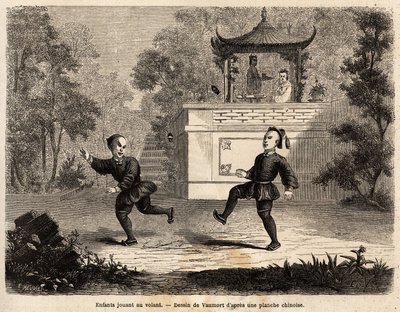 Crianças chinesas brincando ao volante (bola de couro, anéis de metal pesado e 3 longas penas implantadas), sob a supervisão da mãe, desenhadas por Vaumort (? -1886), para ilustrar a viagem de Shangai a Moscou, de 1859 a 1862, de M. de Bourb de Edouard Vaumort