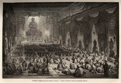 Cerimônia religiosa em um lamasserie chinês, desenho de Vaumort (? -1886), para ilustrar a viagem de Shangai a Moscou, de 1859 a 1862, de M. de Bourboulon, ministro francês à China. Gravura em "Le tour du monde", editado por Edouard Charton de Edouard Vaumort