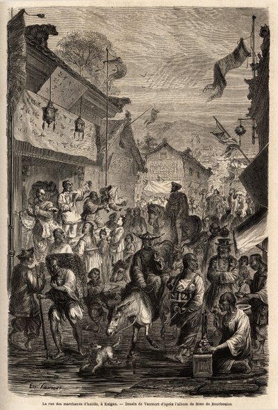 A rua dos comerciantes de roupa, Kalgan, Mongólia. Desenho de Vaumort (? -1886), para ilustrar a viagem de Shanghai a Moscovo, de 1859 a 1862, de M. de Bourboulon, ministro francês à China. Gravura em "Le tour du monde", editado por Edouard Chart de Edouard Vaumort