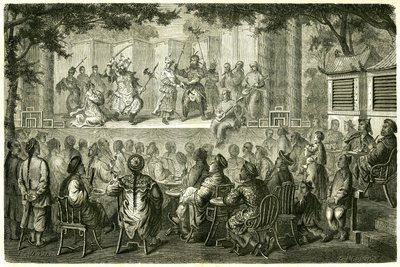 Vista de uma representação da Ópera de Pekin (Pequim), China, após a história de viagem de Madame de Bourboulon. Gravura após um desenho de Vaumort, em "Le Tour du Monde, Nouveau journal des Voyages", editado por Edouard Charton, Paris de Edouard Vaumort