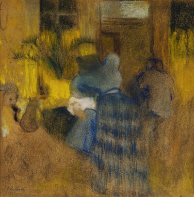 Interior amarelo e azul, gato e criança de Edouard Vuillard