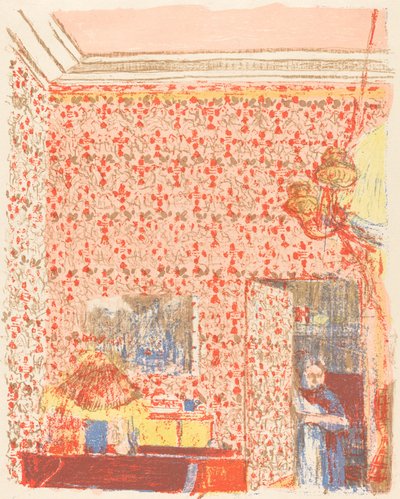 Interior com papel de parede rosa I (Interieur aux tentures roses I) de Edouard Vuillard
