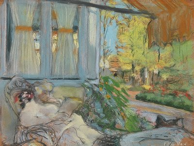 Madame Hessel auf der Terrasse lesend (Madama Hessel lendo no terraço de Clos Cézanne). Um 1920-25 de Edouard Vuillard