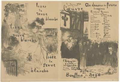 Omslag programmaboekje met advertentie voor La Revue Blanche en aankondiging van toneelstuk Au-dessus des forces humaines
Leia a revista branca Above the Human Forces de Edouard Vuillard