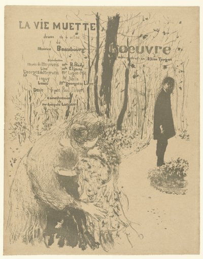 Capa para livreto do programa com mulher com dois filhos e homem no parque para jogar La vie muette com lista de papéis e atores La vie muette de Edouard Vuillard