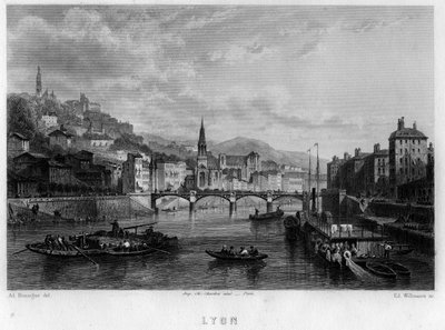 Vista da cidade de Lyon, departamento de Rhone, região de Rhone-Alpes, França. Gravura de Willmann em "La France ancienne et moderne" de Jean-Bernard Mary-Lafon (Jean Bernard Mary Lafon) de Edouard Willmann