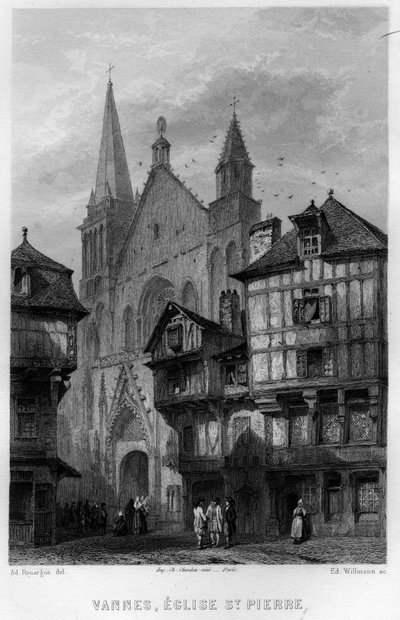 Vista da cidade de Vannes e da Igreja de Saint Pierre, Morbihan, Bretanha, França. Gravura de Willmann em "La France ancienne et moderne" de Jean-Bernard Mary-Lafon (Jean Bernard Mary Lafon) de Edouard Willmann