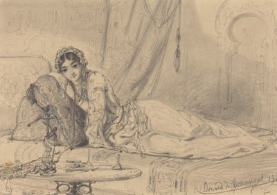 Uma mulher do Oriente Médio reclinada em um ambiente exótico de Edouard de Beaumont