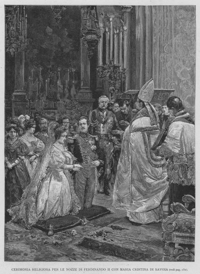 Cerimônia religiosa para o casamento de Fernando II com Maria Christina de Sabóia (gravura) de Edouardo Matania