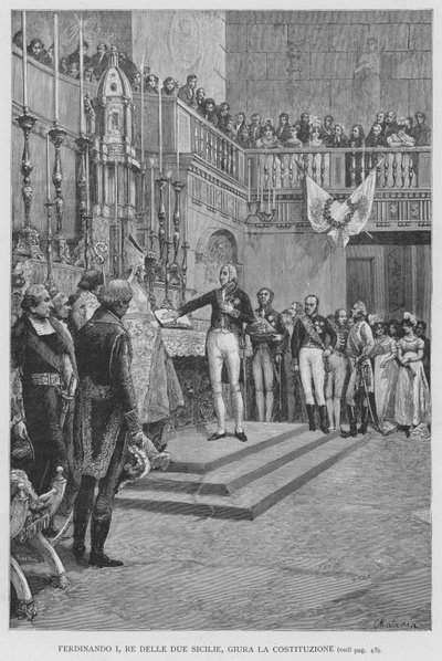 Fernando I, rei das duas Sicílias, jura a Constituição (gravura) de Edouardo Matania