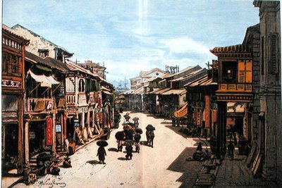 Uma rua em Hong Kong em meados do século XIX (cor litho) de Eduard (after) Hildebrandt