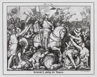 Henrique I, rei da Francia Oriental, derrotando os húngaros na batalha de Riade, 933 (gravura) de Eduard Bendemann