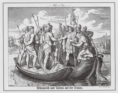 Encontro entre o imperador romano Valens e o rei visigótico Athanaric no Danúbio, 369 (gravura) de Eduard Bendemann