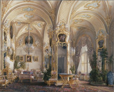 Interiores do Palácio de inverno. A sala de estar em estilo rococó com cupidos, década de 1860 de Eduard Hau