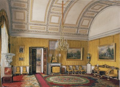 Interiores do Palácio de inverno. O primeiro apartamento reservado. O salão amarelo da grande princesa Maria Nikolayevna, 1866 de Eduard Hau