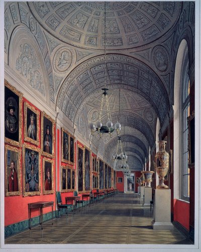 The New Hermitage, The Romanov Gallery, North Site (The New Ermitage, The Romanov Gallery, North Site). Obra de Eduard (Edouard) Hau (1807-1887), aguarela sobre papel 1864. Arte russa do século XIX. Estado Hermitage São Petersburgo. de Eduard Hau