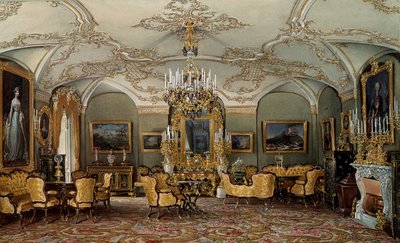 Vista do Salão de Alexandra Fyodorovna (Fedorovna ou Feodorovna ou Charlotte da Prússia (1798-1860)), esposa do Czar Nicholas I no Palácio Gatchina. Aquarela atribuída a Eduard (Edouard) Hau (1807-1870) Século XIX São Petersburgo, Museu Hermitage de Eduard Hau