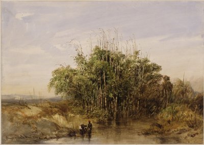 Arbustos de bambu junto à água, com figuras humanas como pano de fundo de Eduard Hildebrandt