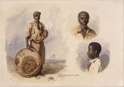 Três retratos de afro-brasileiros: de corpo inteiro, em pé com um cesto, um retrato de peito de um homem de frente e outro de um rapaz de perfil de Eduard Hildebrandt