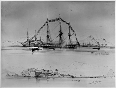 Navio de três mastros ao largo da costa e vista de um forte perto do Rio de Janeiro de Eduard Hildebrandt