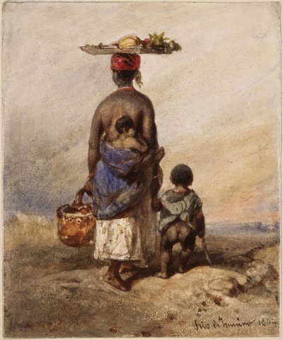 Uma mulher afro-brasileira, vista de costas, com duas crianças pequenas de Eduard Hildebrandt