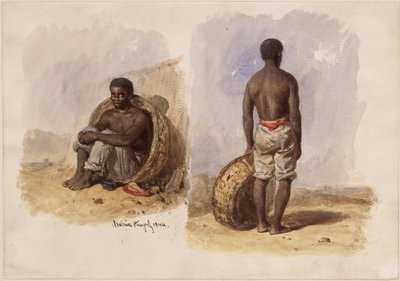 Dois estudos de um afro-brasileiro; à esquerda sentado num cesto encostado à parede, à direita de pé, visto de costas de Eduard Hildebrandt