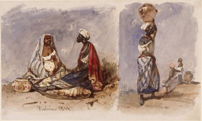 Duas cenas com vendedoras ambulantes da Bahia, sentadas e de pé de Eduard Hildebrandt