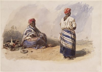 Duas vendedoras ambulantes de cor; uma sentada ao lado de uma bandeja, a outra de pé, vista de costas de Eduard Hildebrandt
