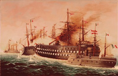 A batalha naval de Lissa ... (pintura sobre tela) de Eduard Nezbeda