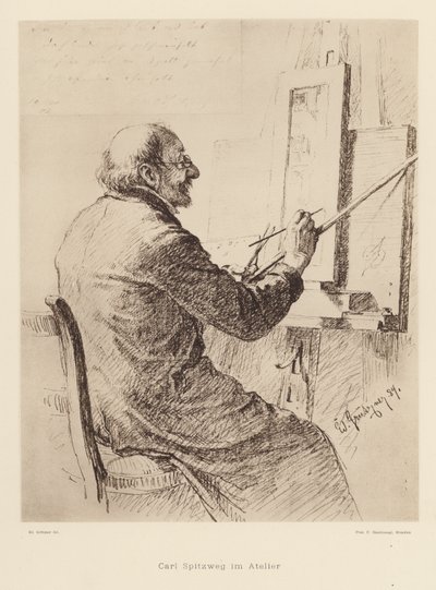 Retrato de Carl Spitzweg, pintor romântico alemão (litografia) de Eduard von (after) Grutzner