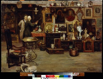 A loja da curiosidade. Pintura de Eduardo Vianella (século XIX). Óleo sobre tela, 63,2 x 88,7 cm. Arte italiana do século XIX. Galeria de Arte Regional A.Deneik, Kursk. de Eduardo Vianella