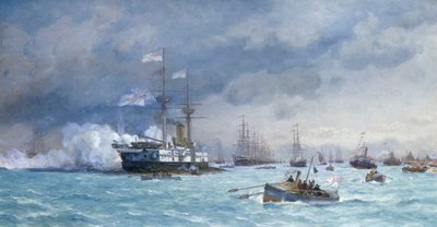 HMS "Edinburgh" em exercício anti-torpedo, c.1887 (óleo sobre tela) de Eduardo de Martino