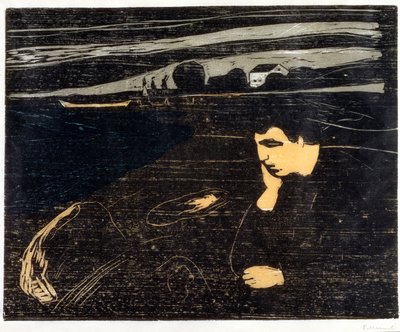 Noite, melancolia: na praia (Abend, Melancholie am Strand) (xilogravura) de Edvard Munch