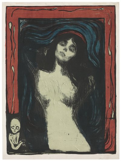 Madonna - Liebendes Weib, c. 1895-1902 (litografia, impressa em preto, vermelho, azul e verde jade no branco) de Edvard Munch
