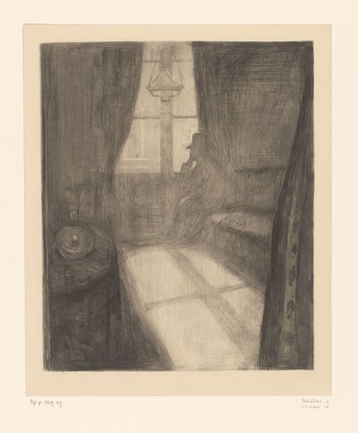 Homem no interior sentado junto à janela
Luz da lua. Noite em Saint-Cloud (título original) de Edvard Munch