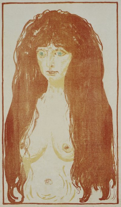 Mulher nua com cabelo ruivo e olhos verdes
Nu em pé com cabelo ruivo, c. 1901 de Edvard Munch