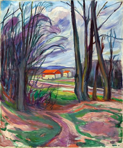 Paisagem em Skoyen (Oslo, Noruega). Pintura por Edvard Munch (1863-1944), óleo sobre tela, ca. 1920. Arte norueguesa, século XX, expressionismo. Colecção privada. de Edvard Munch