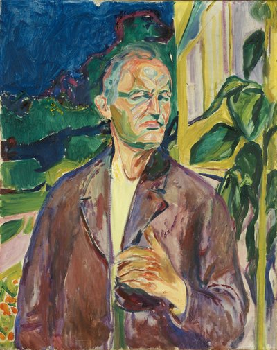 Auto-retrato em frente à parede da casa de Edvard Munch